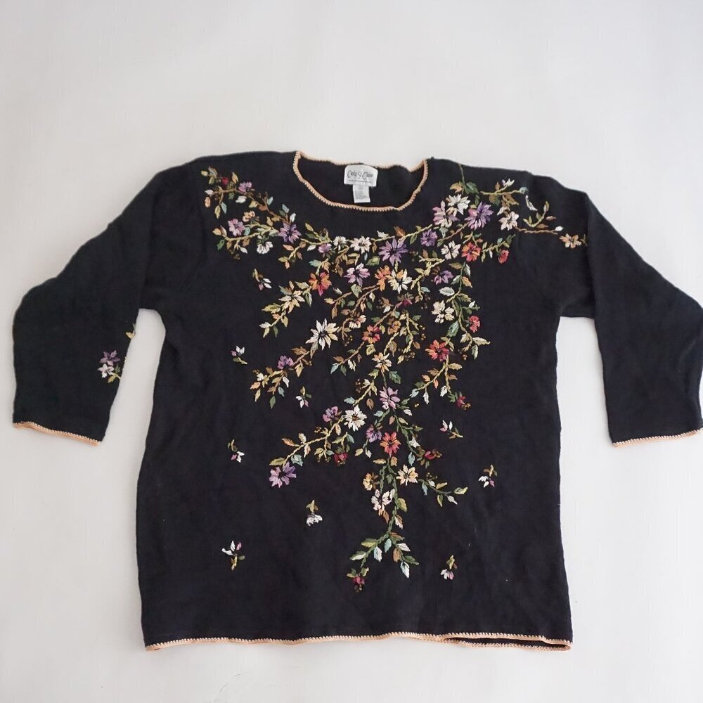 Vintage Cathy St Claire Black Floral Beaded Embroidered Grandmacore Sweater 2X